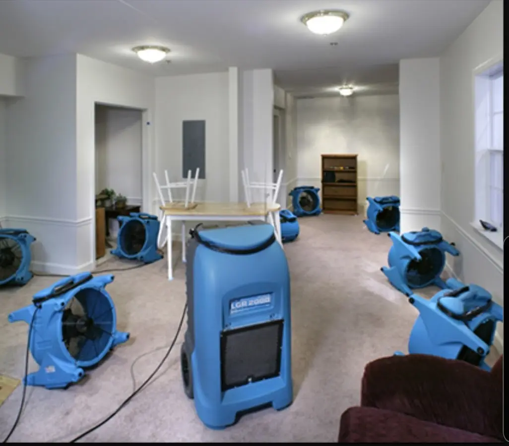 Air movers and dehumidifier setup for Water Extraction & Removal in Temple